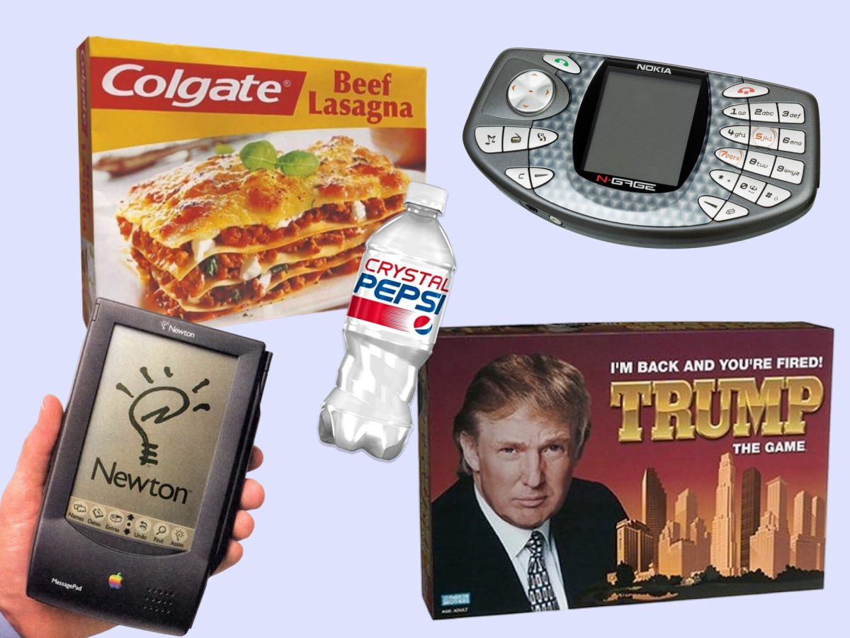 A collage of failed products, including Colgate Lasange, Nokia's Engage, Crystal Pepsi, the Apple Newton, and Donald Trump : The Board Game.