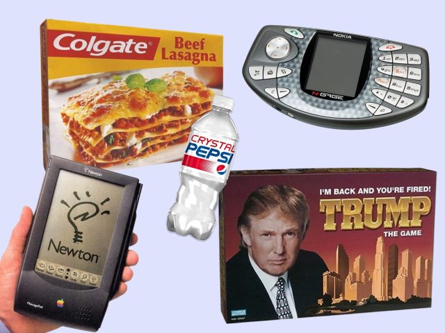 A collage of failed products, including Colgate Lasange, Nokia's Engage, Crystal Pepsi, the Apple Newton, and Donald Trump : The Board Game.
